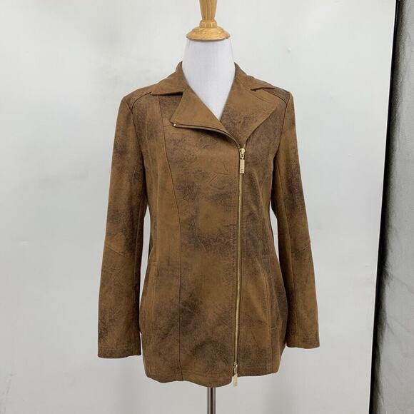 Chicos Jacket Womens 00 Brown Faux Suede Elongated Moto Zip Up Stretch Pockets - Picture 2 of 16